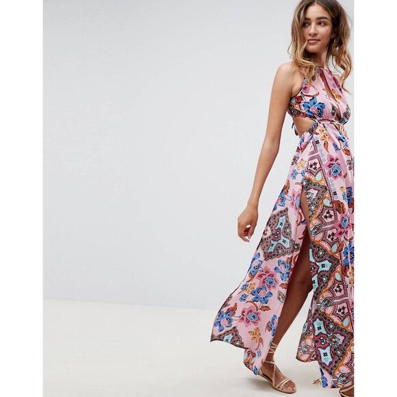 NWT ASOS DESIGN Rope Maxi Dress Size 8 Trim Cut Out Paisley Print Plunge Beach - Picture 10 of 14